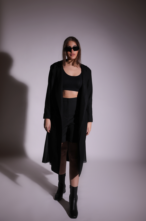 black cashmere coat with sheer details